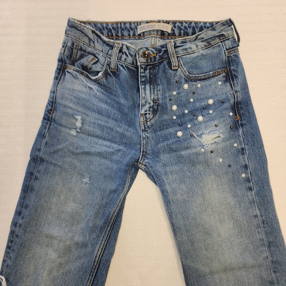 Zara‎ Basic Z1975 Distressed Pearl Embellished Straight Leg Jeans Blue Womens 00 - Picture 3 of 11